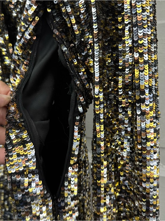Parker Silk Sequin Mini Dress Gold Black Long Sleeve V Neck Party L - Picture 14 of 15